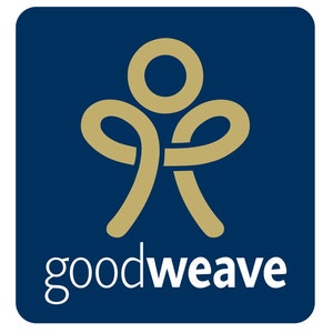 May include: A dark blue square featuring the GoodWeave logo. The logo depicts a gold-coloured abstract figure above the white text 'goodweave'. The figure resembles a person with arms raised.