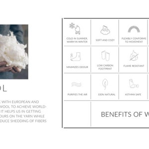 May include: Image features a person holding a pile of white wool, with text reading "WOOL." The image also displays icons highlighting wool's benefits: cold in summer, warm in winter, soft, cozy, and flame resistant.