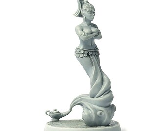 May include: A gray figurine of a genie, with arms crossed, emerging from a lamp. The genie is wearing a belly dancer outfit and has a ponytail. The lamp is on a round base.