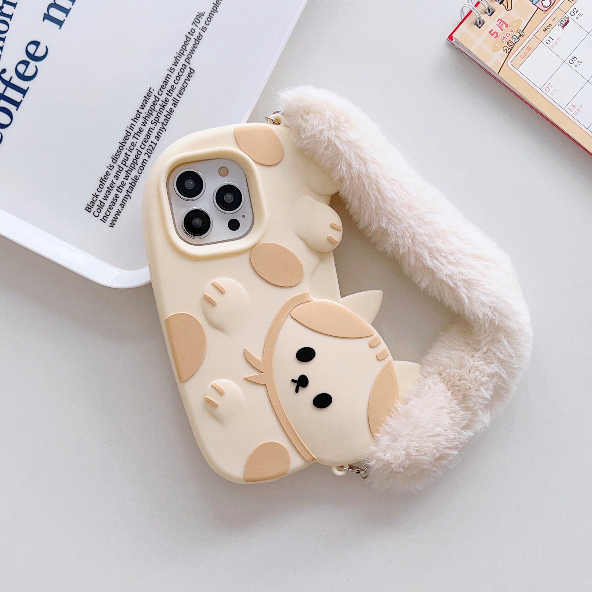 Cute Cartoon Cat Phone Case With Plush Wristbandluxurious Etsy