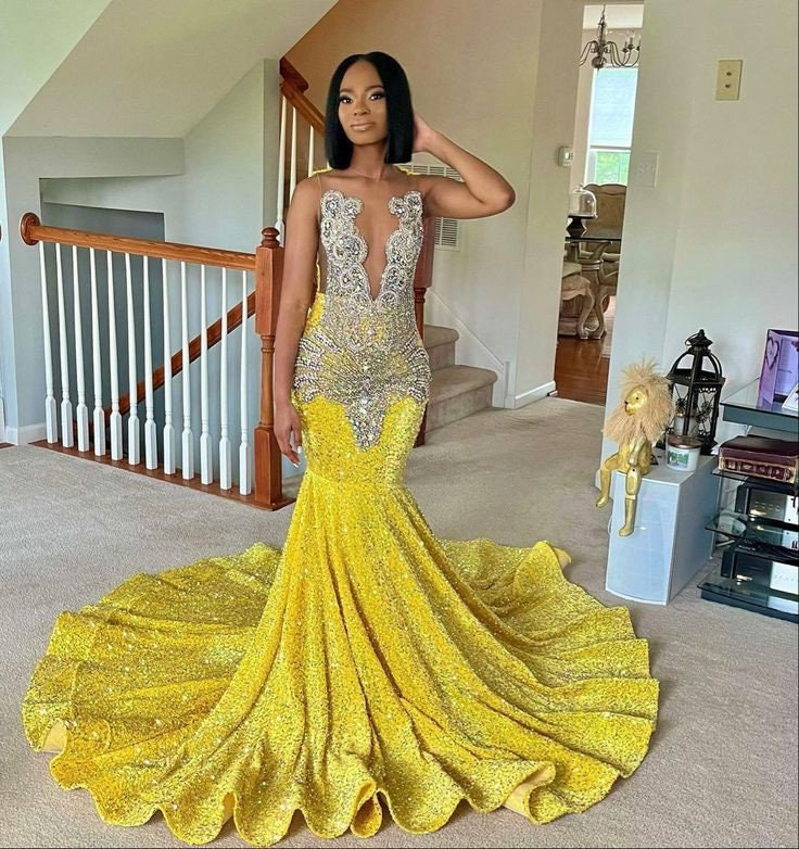 Yellow Tulle Prom Party Dress Sequin Evening Dress Party Dress