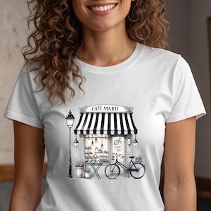 French Café T-Shirt, “Café Marie” Paris Illustration Tee, Cute French Shirt, Gift for Travel Lover or Coffee Fan