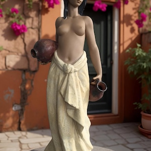 Può includere: Statua di una donna con capelli scuri che tiene due brocche marroni, drappeggiata in un tessuto color crema. La statua è su una base di pietra. Lo sfondo presenta un muro color terracotta e fiori rosa.