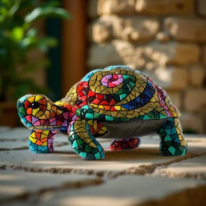 May include: A colorful mosaic turtle figurine. The turtle's shell features a spiral design with red, gold, green, blue, and purple tiles. The head and legs are also decorated with mosaic tiles. The figurine is on a stone surface.