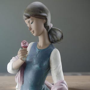 Può includere: Statuina di porcellana di una giovane donna che tiene in mano una rosa rosa. Indossa un vestito blu, maniche bianche e uno scialle rosa. I suoi capelli sono acconciati a coda di cavallo. La statuina ha un'espressione serena.