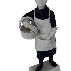 May include: A porcelain figurine of an elderly person wearing a dark long-sleeved shirt, a dark skirt, and a white apron with two front pockets. The figure holds a woven basket containing small items and stands on a rectangular base.