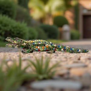 Könnte beinhalten: Eine Mosaik-Alligator-Skulptur mit einem detaillierten, farbenfrohen Design. Die Skulptur weist ein grünes, blaues, orangefarbenes und gelbes Mosaikmuster auf. Der Alligator befindet sich auf einer Kiesoberfläche, mit einem verschwommenen Hintergrund aus Grün und einem Gebäude.