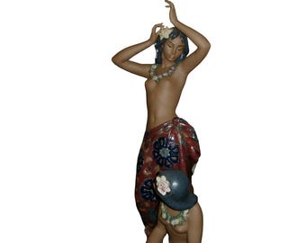 May include: A ceramic statue of two figures, one standing and one kneeling. The standing figure has arms raised, wearing a red and blue patterned wrap and a flower garland. The kneeling figure wears a blue hat and flower garland. The statue is on a white background.