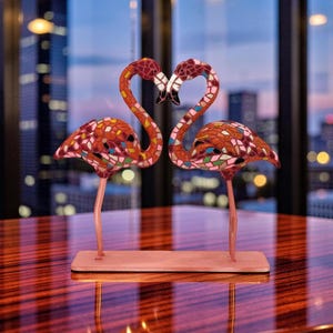 May include: A decorative sculpture featuring two flamingo figures with their necks curved to form a heart shape. The bodies are covered in a mosaic of small, multi-coloured glass pieces in shades of pink, red, and white, supported by thin pink legs.