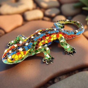 Könnte beinhalten: Eine farbenfrohe Mosaik-Eidechsenfigur mit gebogenem Schwanz. Der Körper der Eidechse ist mit einem Mosaikmuster aus roten, blauen, gelben und grünen Fliesen bedeckt. Die Eidechse liegt auf einer braunen Steinoberfläche.