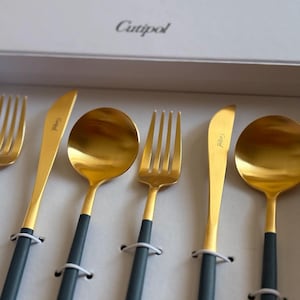 Cutlery Set Goa Blue 6 pcs. Matte Brushed Gold Plated New