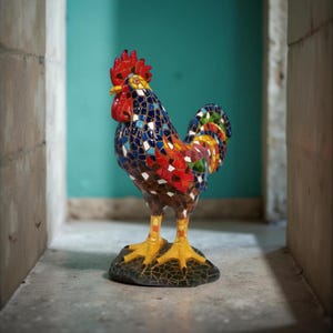 Puede incluir: Estatua de gallo de mosaico colorido. El gallo presenta una cresta roja, pico amarillo y un cuerpo compuesto por azulejos azules, rojos y blancos. La cola muestra una vibrante gama de colores. La estatua se apoya sobre una base oscura y tiene patas amarillas.