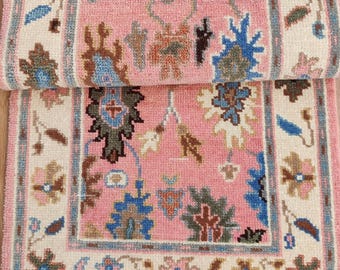 Hand-Knotted Wool Oushak Rug, Pink Floral Indo Design