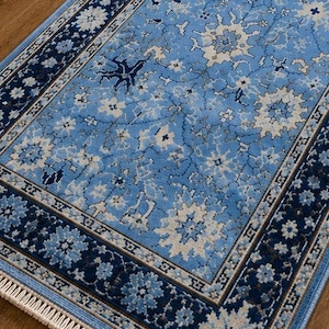 Tapis de passage bleu noué à la main, tapis de couloir en laine, tapis de couloir de style oushak, tapis de passage turc vintage, tapis de long couloir