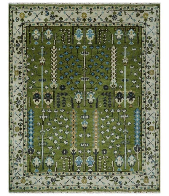 Oushak Green Rug Persian Life of Tree rug Floral contemporary Hand-Knotted woolen rug with antique ethnic to decor Home and Living area rug