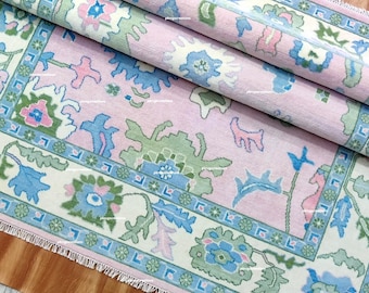 Handgeknüpfter Oushak Wollteppich, Pastell Muted Pink Floral Orientteppich, 200x300 Teppich für Wohnzimmer und Home Decor