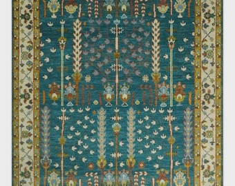 Hand-Knotted Turquoise Tree of Life Rug: New Zealand Wool Oushak Style