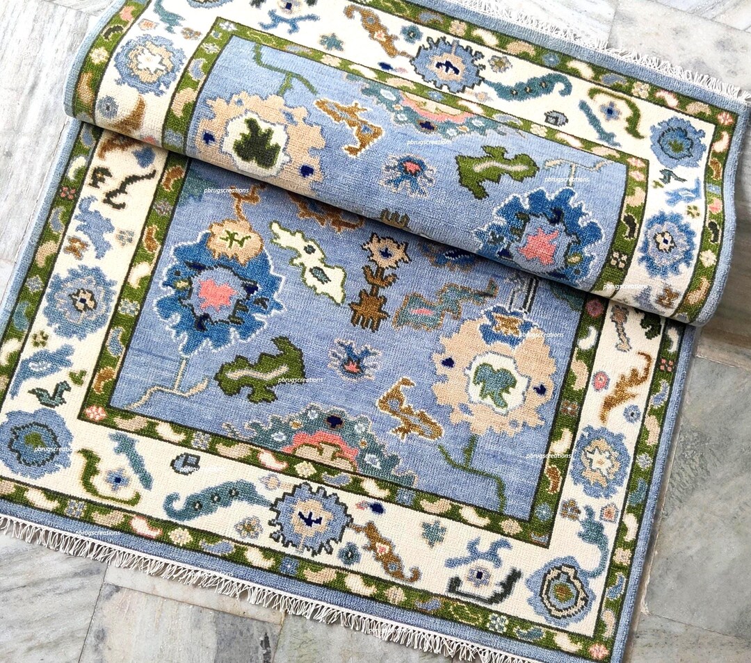 Oes Rug Hand-knotted Wool Oushak Rug: Soft Blue Floral Oriental Carpet - Etsy