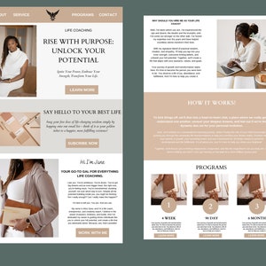 Op de afbeelding: Een schermafbeelding van een website die een life coaching-service aanbiedt met de tekst "Rise with Purpose: Unlock Your Potential" en een call-to-action om "Meer te weten te komen". De website biedt ook een abonnementsoptie om gratis levensveranderende wijsheid te ontvangen.