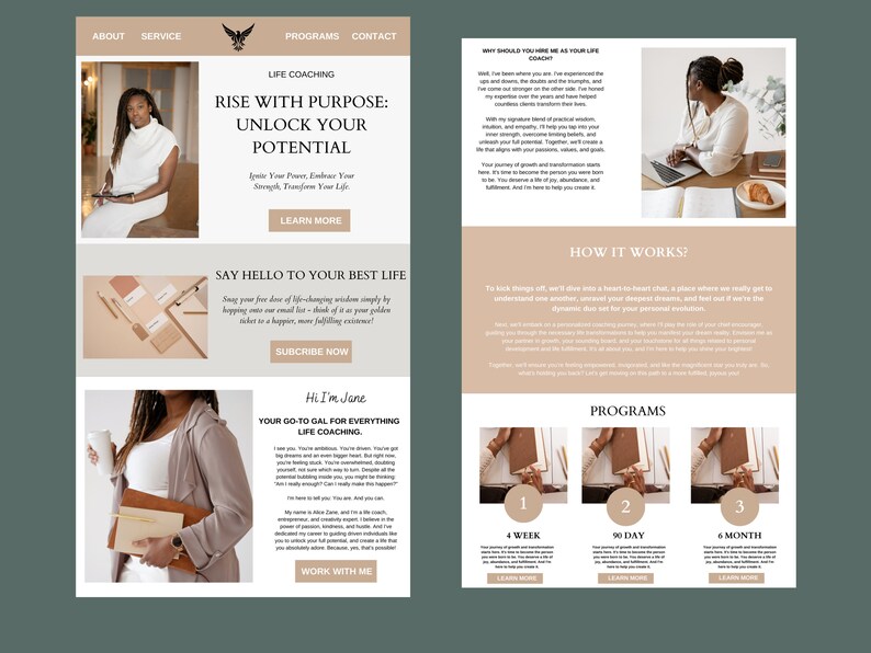 Op de afbeelding: Een schermafbeelding van een website die een life coaching-service aanbiedt met de tekst "Rise with Purpose: Unlock Your Potential" en een call-to-action om "Meer te weten te komen". De website biedt ook een abonnementsoptie om gratis levensveranderende wijsheid te ontvangen.