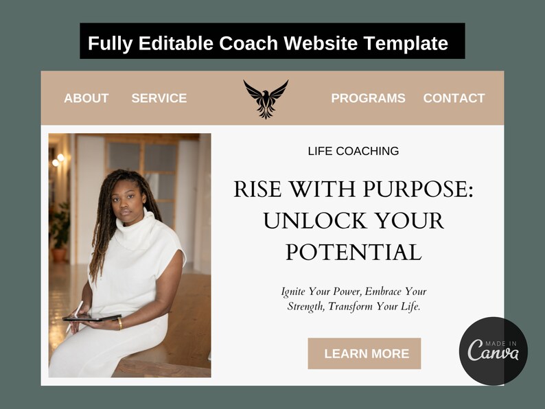 Op de afbeelding: Website-sjabloon voor een life coach met een foto van een vrouw die in een kamer zit. De tekst luidt "Rise with Purpose: Unlock Your Potential. Ignite Your Power, Embrace Your Strength, Transform Your Life." Er is een knop met de tekst "Learn More".