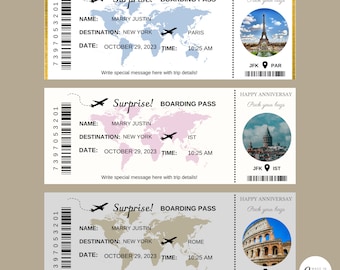 Bewerkbare instapkaartsjabloon: verrassingsreisticket (Canva)