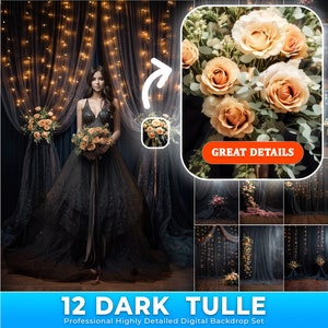 12 Dark Tulle Digital Backdrops Set, Maternity Backdrop Overlays, Studio Backdrop Overlays