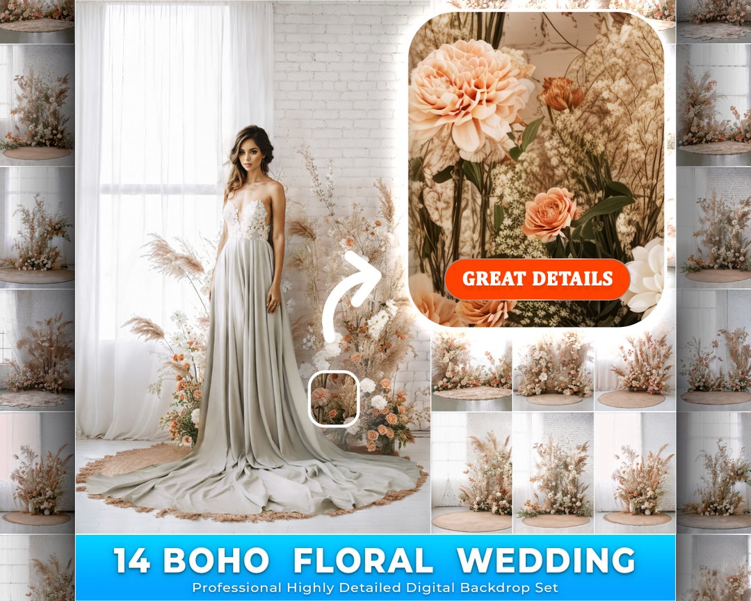 14 Boho Floral Wedding Digital Backdrops Set, Maternity Backdrop ...