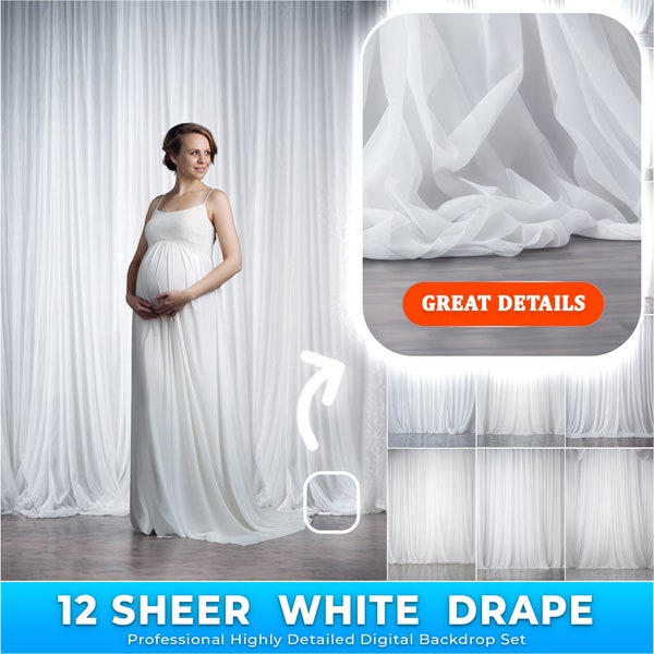 12 Sheer White Drape Digital Backdrops Set, Maternity Studio Overlays, Fine Art Textures