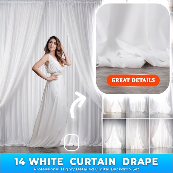 14 White Curtain Drape Digital Backdrops Set, Maternity Studio Overlays