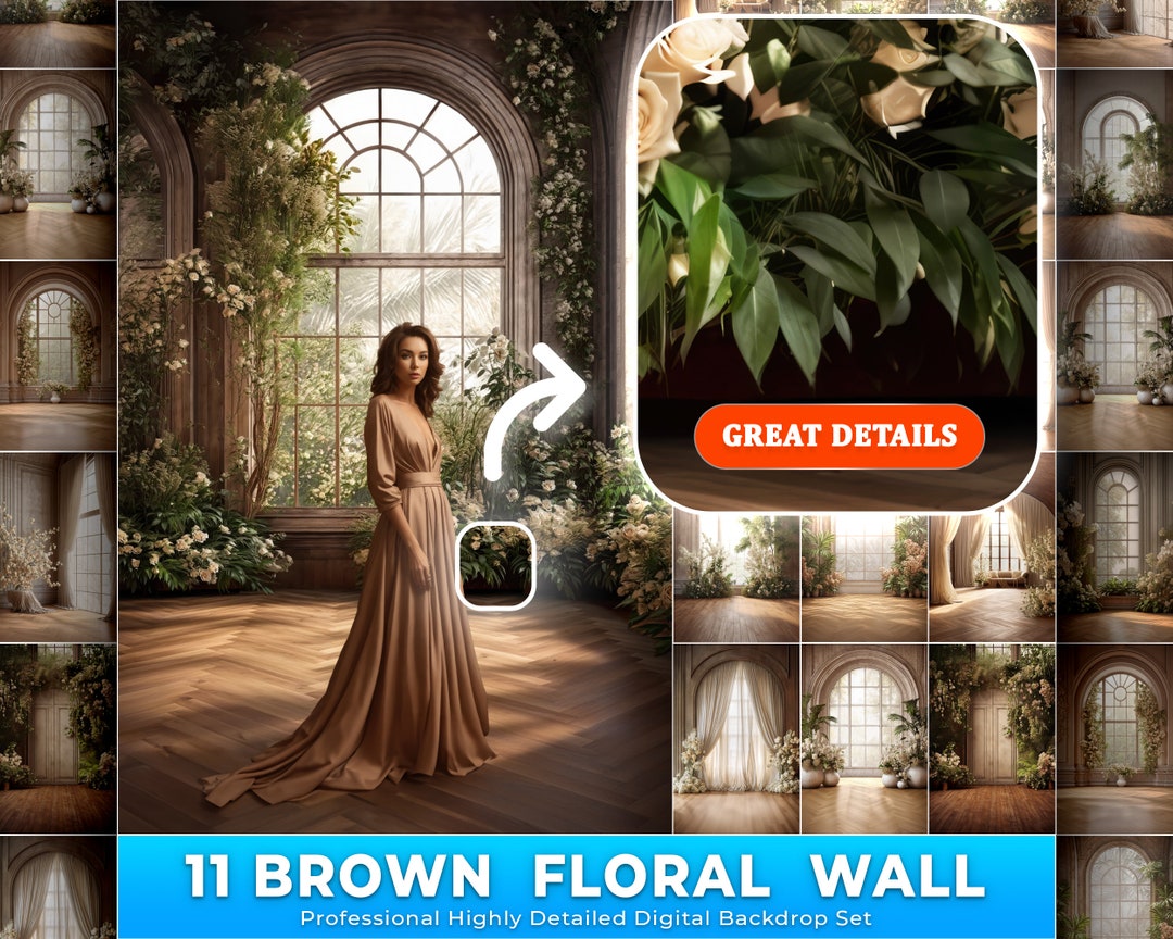 11 Brown Floral Wall Digital Backdrops Set, Maternity Photography Overlays, Fine Art Textures