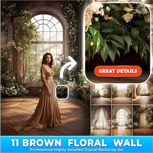 Pode incluir: Um conjunto de 11 cenários digitais que apresentam uma parede marrom com detalhes florais e uma grande janela. Os cenários são ideais para fotografia e apresentam uma variedade de cenas diferentes, incluindo uma sala com uma janela, uma sala com uma porta e uma sala com uma lareira. Os cenários são de alta qualidade e detalhados, e são perfeitos para criar fotos bonitas e realistas.