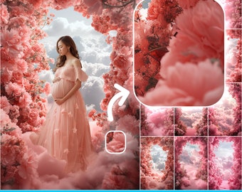 Pink Clouds Digital Backdrop - Maternity Fine Art Texture Overlays, Photoshop Studio Backgrounds, Dreamy Sky Scene Clipart for Editing