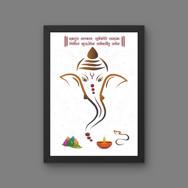 Divine Lord Ganesha Artwork for Spiritual Bliss with Mantra. Wallart for your home, offices. Hi Res Pdf, Svg, Jpg, Png and Ai. Digital Files