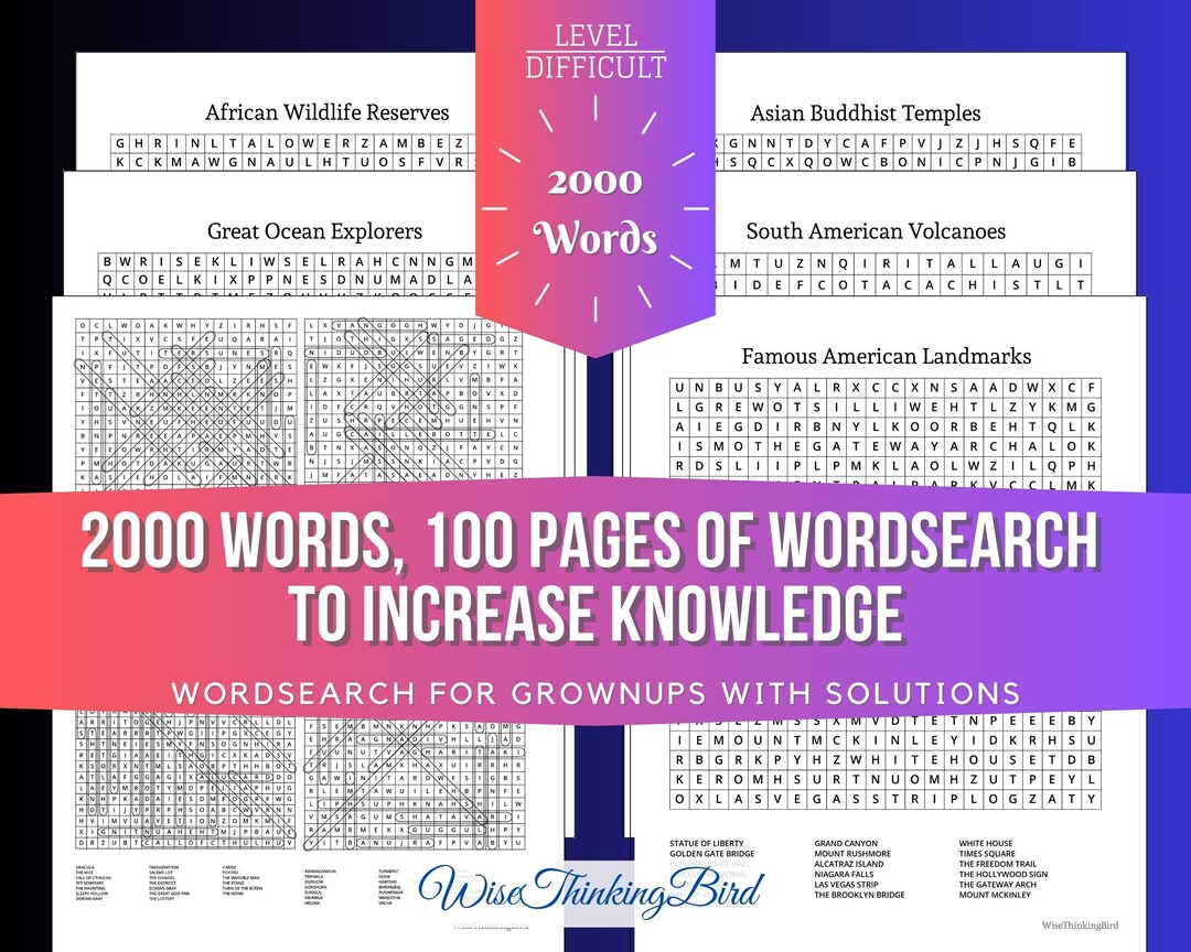 One-of-a-kind 100 Word Search Game for Grownups, 2000 Words, Minimalist ...