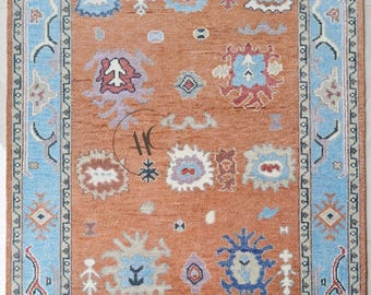 Hand-Knotted Turkish Oushak Rug 8x10: Floral Wool Area Rug, Pink Orange Blue
