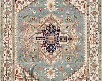 9x12 Hand-Knotted Wool Area Rug: Grey Cream Indo Serapi Design