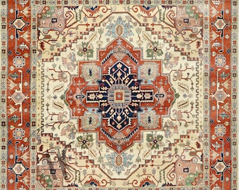 Hand Knotted Heriz Wool Rug, Ivory Rust Medallion Design