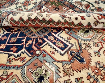 Hand-Knotted Wool Area Rug: Navy, Rust, Cream Geometric Heriz Serapi Design