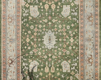 Handmade Oushak Wool Rug: Green & Orange Turkish Area Rug