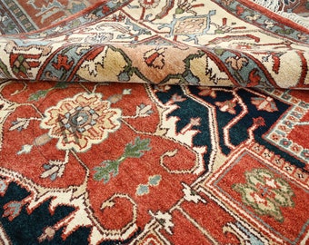 Hand-Knotted Wool Serapi Area Rug – Traditional Oriental Design, Red/Grey