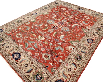 Hand-Knotted Wool Heriz Serapi Rug, Red Ivory Traditional Persian Area Rug