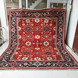 8X10 Modern Oushak Rug Floral Red & Blue Rug Handmade Oushak rug Oriental Area Rug 8x10 Rust Navy Blue Serapi Heriz rug Antique Persian Rug