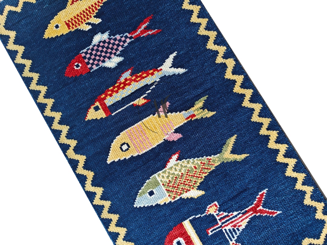 Hand Knotted Fish Design Runner Rug Ocean Blue Oushak Rug for Kids Room ...
