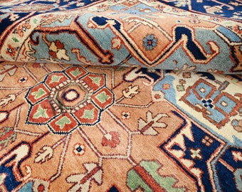 Hand-Knotted Wool Persian Area Rug, Red Navy Blue Heriz Serapi Style