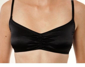 Bra, soft cup, silk, bustier, balconette bra, without underwire or padding, black