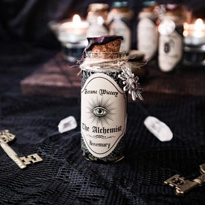 The Alchemist/ Decorative Herb Jar, Witchy Apothecary Bottle, Gift For Wiccans, Gothic Cabinet Decor, Vintage Bottle, Goth Altar Decor