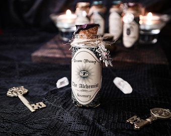 The Alchemist/ Decorative Herb Jar, Witchy Apothecary Bottle, Gift For Wiccans, Gothic Cabinet Decor, Vintage Bottle, Goth Altar Decor