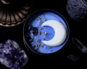 Moonlight Sonata/ Crescent Moon Candle, Gardenia & Jasmine Scent, Gothic Home Decor, Crystal Infused Candle, Witchy Gift For Her