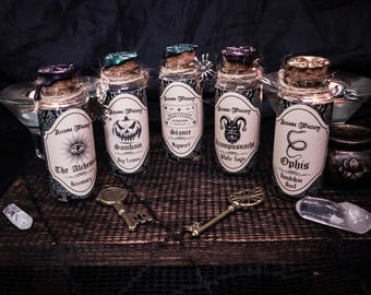 Apothecary Herb Jars Set Of 5, Decorative Witchy Bottles, Vintage Gift For Witches, Cabinet Decor, Halloween Gift Set, Yule Altar Decor